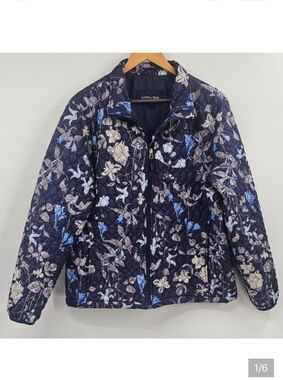 Floral Quilted Jacket Lands' End Blue White Size XL